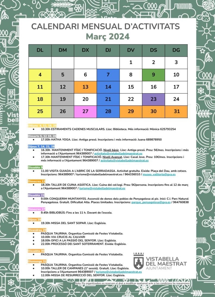 Calendario de actividades Vistabella Marzo